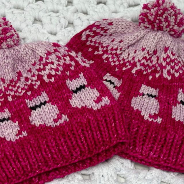 A photo of 2 hand knitted Cat-Tastic Hats made with bright pink yarn with light pink cats
