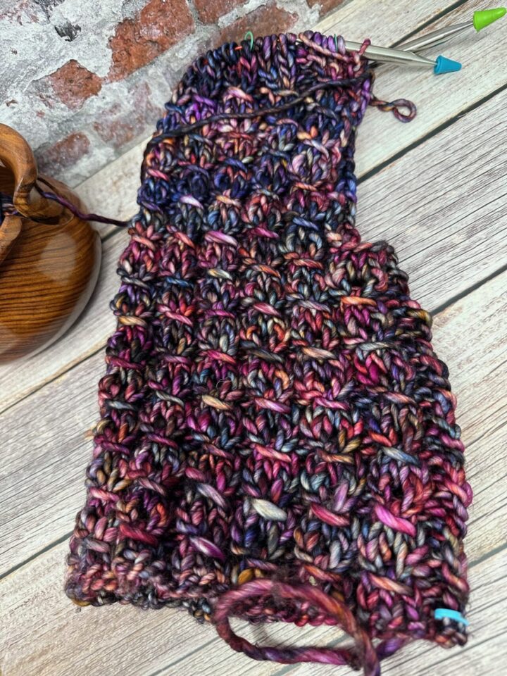 A photo of a hand knitted High Seas Balaclava work in progress.