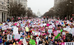 A large group of knitters.